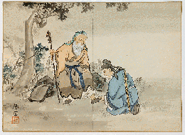 田畑鶴堂　木版画「黄石公・張良」（仮）