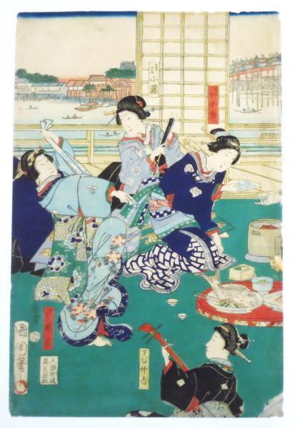 浮世絵、役者絵三枚綴りの真ん中と左側二枚売りになります。豊原