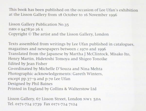 LEE UFAN: Selected Writings by Lee Ufan, 1970-96 （李禹煥・謹呈