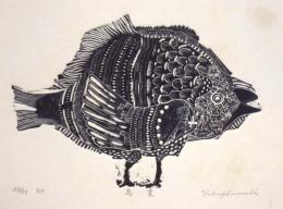 日和崎尊夫 木口木版画 「鳥魚」