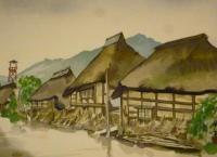 木版画「民家十二ヶ月集」より「雨の街道」