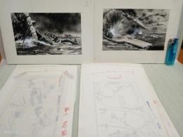 山本輝也彩色挿絵画稿2枚と戦闘機解説画稿2枚　計4枚 武部本一郎と並び称される挿絵画家。
