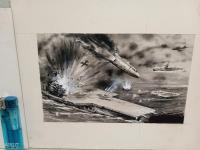 山本輝也彩色挿絵画稿2枚と戦闘機解説画稿2枚　計4枚 武部本一郎と並び称される挿絵画家。
