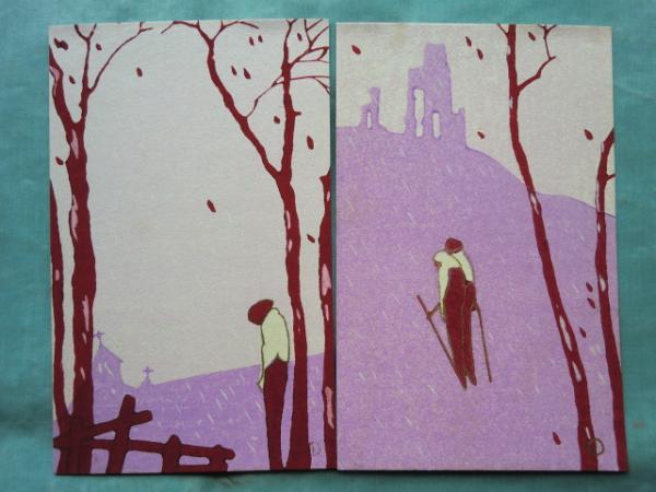 小林かいち絵葉書 「旅愁」 4枚揃タトウ入(小林かいち) / 松野