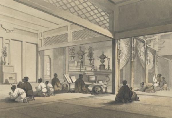 19世紀 石版図版 ペリー日本遠征記 「寺院での勤行,下田