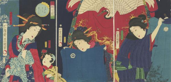 明治 浮世絵 明治座弐番目水澤瀉晴着唐犬 歌川豊斎 錦絵 3枚続 明治 浮世絵 明治座弐番目水澤瀉晴着唐犬 歌川豊斎 錦絵 3