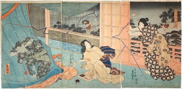 歌川国貞　浮世絵　3枚組 にわか夕立 3枚続揃 【弘化4～嘉永5年頃 歌川国貞 浮世絵】(歌川国貞