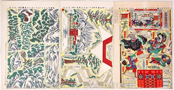 歌舞伎座狂言 水滸伝瓦罐寺だんまり組上三枚続3枚続揃 【明治26年 刷物