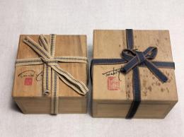 矢野太昭 古代ガラス 盃 共箱  二個セット　作家説明書き1枚付き