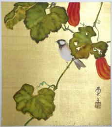 加藤英舟色紙 「烏瓜に小禽図」