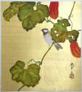 加藤英舟色紙 「烏瓜に小禽図」