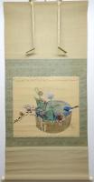 富田渓仙画幅 「桶水に花と小禽図」 ＜巧藝版＞