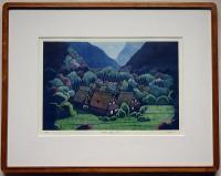 斎藤カオル 銅版画「新緑の五箇山」　カラ―メゾチント　額付き　直筆サイン入り　限定123部　サイン入