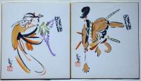 大津絵肉筆水彩画色紙　タトウ付き・9枚