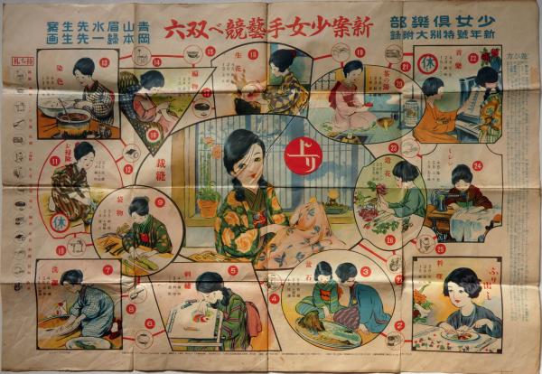新案少女手芸競べ双六 岡本帰一画 （裏面・名所旧蹟鉄道遊覧双六