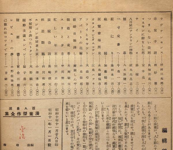 百家自選 漫画傑作全集 昭和11年1月 日の出付録(田河水泡・中島