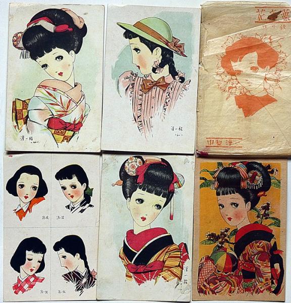 超人気 中原淳一 絵はがき4枚と・花言葉はり絵1枚 未使用・袋付(中原 絵画