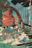 【浮世絵】 歌川国芳 「悪源太義平討難波次郎」 文政年間末期 大判錦絵 木版画