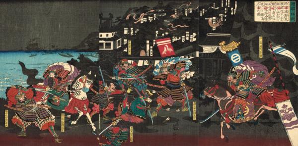 浮世絵】 歌川芳梅 「源平合戦 熊ケ谷父子 平山李重 一二の懸高
