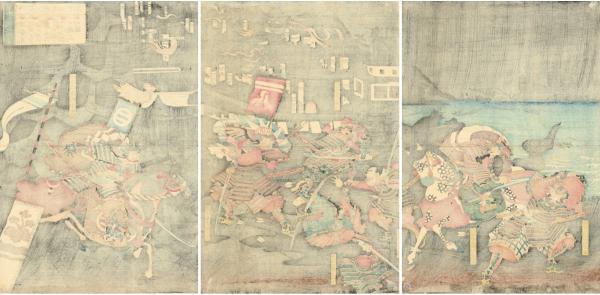 浮世絵】 歌川芳梅 「源平合戦 熊ケ谷父子 平山李重 一二の懸高