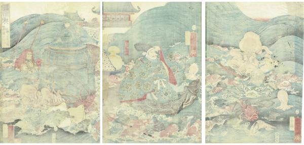 浮世絵】歌川国芳「龍宮城 田原藤太秀郷に三種の土産を贈」安政5年