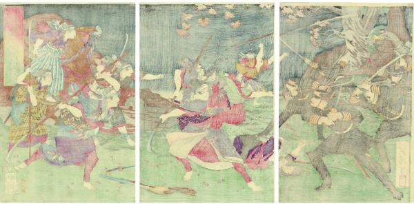 浮世絵】 月岡芳年「薩摩州鹿児嶋征討記之内 賊徒之女隊勇戦之図