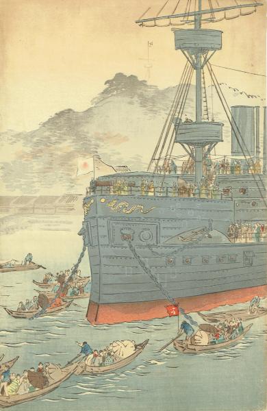 尾形月耕「横須賀軍港鎮遠号観覧之図」明治28年（1895）【浮世絵