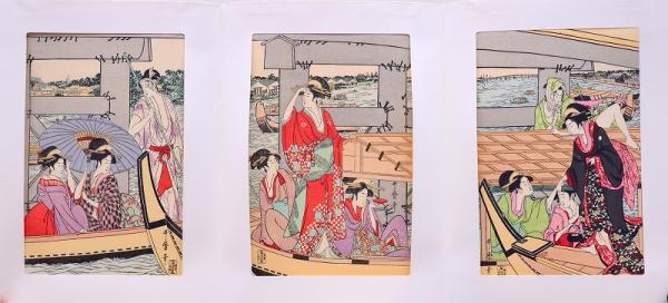 手摺木版浮世絵 三枚続逸品集分売 ： 喜多川歌麿 「両国橋 下」 / 古本 