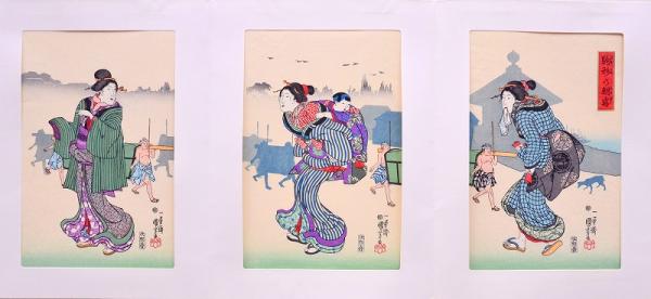 手摺木版浮世絵 三枚続逸品集分売 ： 歌川国芳 「駒形の朝霧」 / 古本 
