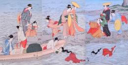 伝統芸術  大錦浮世絵美人名作撰  喜多川歌麿 「あわび取り」 （中版錦絵三枚続）