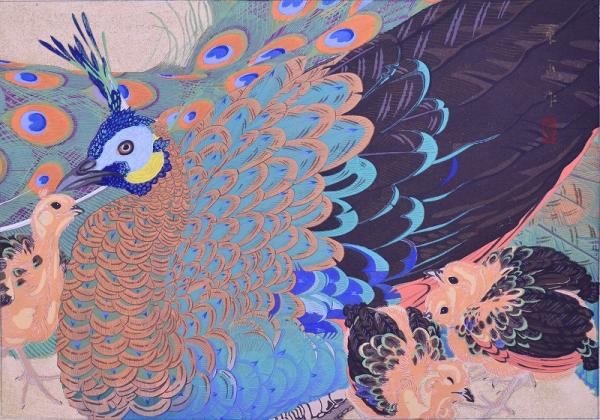 樂山花鳥画譜 分売：44 『呂宋孔雀の雌と雛』（初夏）(土屋樂山