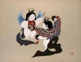 
京わらべ 雅人形 (L) 胡蝶の舞  Kyoto's children doll painting 山岡陳平画 マリア書房 色紙