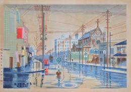 木版画：新京名所 河原町明方小雨