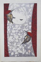 河野薫 木版画『きつつき(B)』　直筆サイン入　