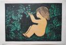 河野薫 木版画『森の中の少女』　直筆サイン入　
