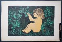 河野薫 木版画『森の中の少女』　直筆サイン入　