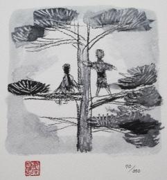 東山魁夷 装画 玻璃彩版画『木の上』限定350部　川端康成複製原稿付　