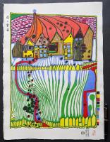 フンデルトヴァッサー (Hundertwasser) 木版画『雨と家並』
