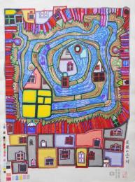 フンデルトヴァッサー (Hundertwasser) 木版画『屋根の上の川』