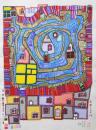 フンデルトヴァッサー (Hundertwasser) 木版画『屋根の上の川』