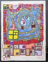 フンデルトヴァッサー (Hundertwasser) 木版画『屋根の上の川』