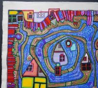 フンデルトヴァッサー (Hundertwasser) 木版画『屋根の上の川』