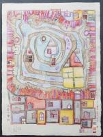 フンデルトヴァッサー (Hundertwasser) 木版画『屋根の上の川』