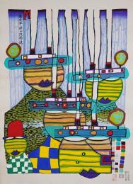 フンデルトヴァッサー (Hundertwasser) 木版画 『南太平洋の汽船達』
