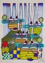 フンデルトヴァッサー (Hundertwasser) 木版画 『南太平洋の汽船達』