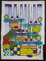 フンデルトヴァッサー (Hundertwasser) 木版画 『南太平洋の汽船達』