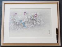 上村松篁 シルクスクリーン『翁草』 証明書付 (ルリビタキ)