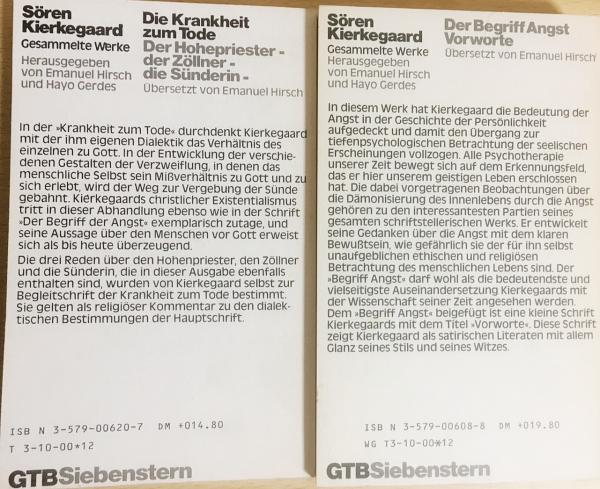 ドイツ語洋書 Die Krankheit Zum Tode Der Begriff Angst Vorworte Soren Kierkegaard Gesammelte Werke 死に至る病 不安の概念 2冊セット キェルケゴール全集より Soren bye Kierkegaard セーレン オービエ キルケゴール 古本 中古本 古書籍の通販は