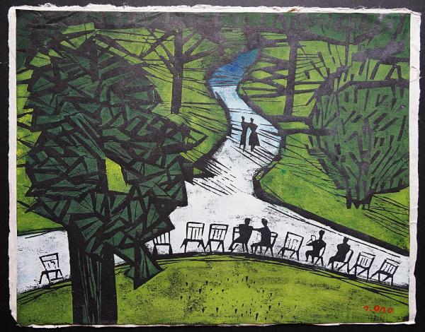 木版画の原画 小野忠重 6号『ウィーンの公園』真作保証 版画ではなく