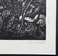黒崎彰 初期作品 木版画『地の声・ちょう (W-43)』 Ed.25の内,No.1